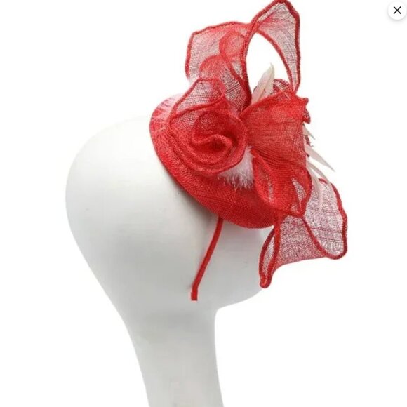 Red Sinamay & White Feather Fascinator | Derby Wedding Races Hat Headpiece - Picture 4 of 7